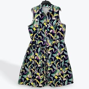 Isaac Mizrahi Live Womens 20W Navy Blue Abstract Floral Button Front Shirt Dress